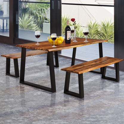 Giantex 3PCS Wooden Dining Set Bench Chair Rustic Indoor &Outdoor Furniture (Rustic Brown&Black)