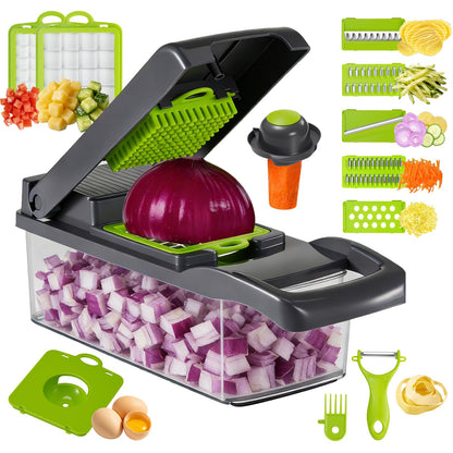 8 Blade All-in-1 Vegetable Chopper Mandoline Slicer with Container,Veggie Cutter for Salad, Onion Chopper,Food Chopper, Includes Egg Separator & Vegetable Peeler, Kitchen Gadgets Essentials, Gray