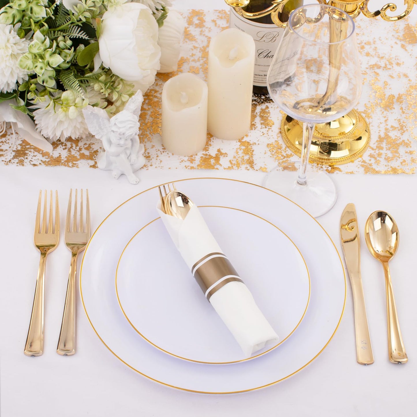 Supernal 120Pack Gold Plastic Silverware Wrapped Plastic Cutlery Set with Napkin,Pre Rolled Napkins with Cutlery Set,Rolled Silverware Disposable For Valentine's Day Mother's Day and Easter