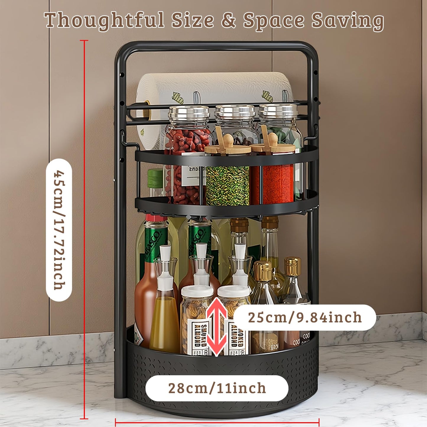 CLOKTA Rotating Spice Rack with Paper Towel Holder, 2 Tier Turntable Lazy Susan, Seasoning Organizer for Kitchen Countertop Cabinet, Black