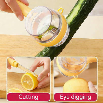 Quilive 3-Piece Kitchen Set – Stainless Steel Onion Holder Slicer with 10 Forks, Peeler with Storage Box, 3-in-1 Cup Lid & Gap Brush – for Slicing Potato, Avocado, Eggs, Lemon, Meat