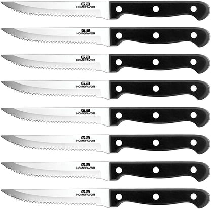 G.a HOMEFAVOR Steak Knife Set - 8 Pieces Full Tang Sharp Serrated Knives Cutlery Set, Stainless Steel, Black