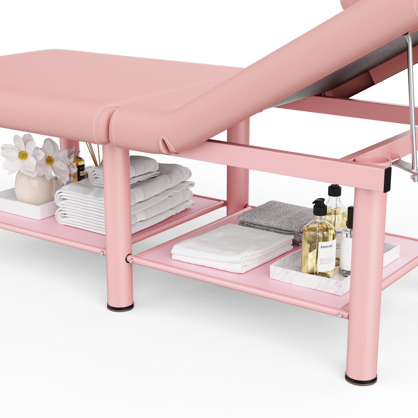Folding Stationary Massage Table with Backrest and Storage Space for Treatment Table Physical Therapy Table Spa Facial Bed, 6 Round legs Metal Frame PU Leather, 30.5'' Wide × 75'' Long - Pink