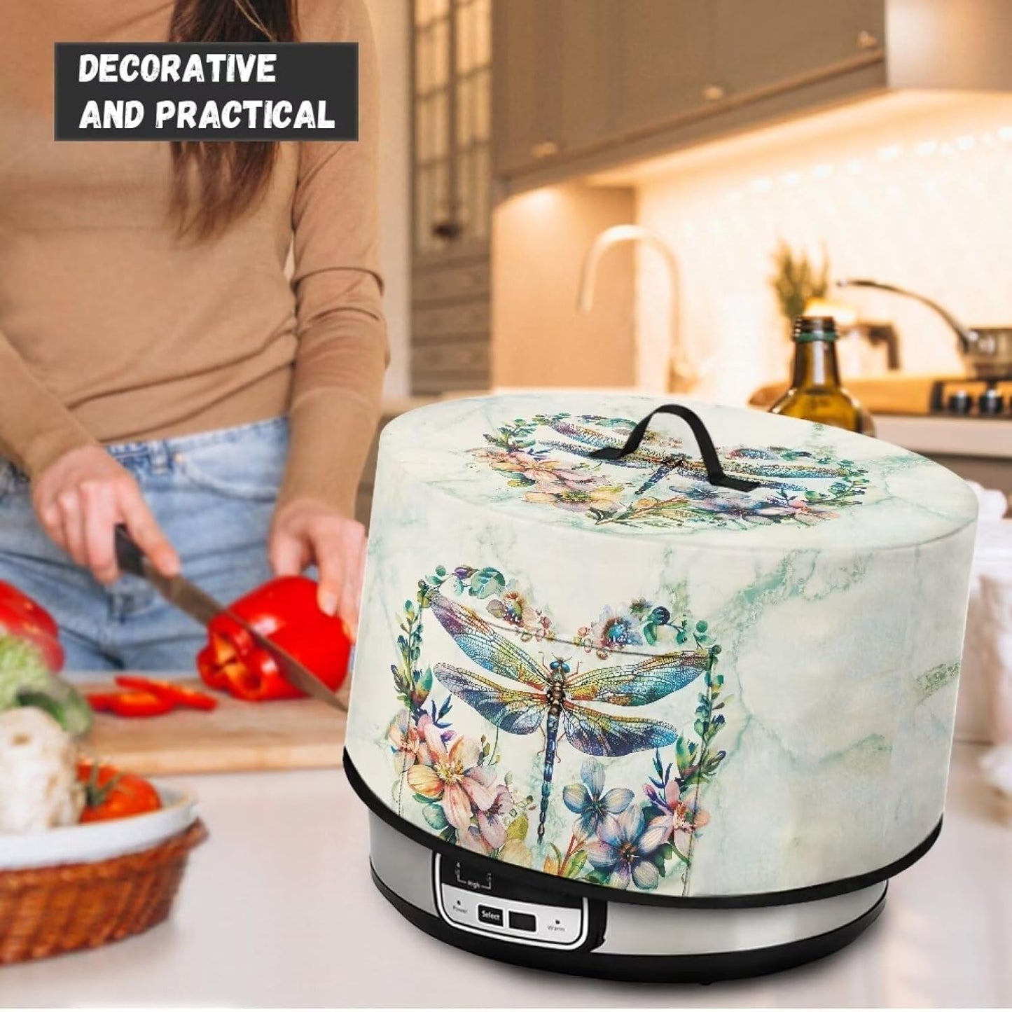Dragonfly Floral Slow Cooker Dust Cover, Washable Appliance Cover for 6, 7, 8 Quart Oval Crock Pot