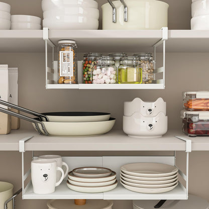 SHINEWON Expandable Under Cabinet Shelf Organizer with 0.94-Inch Thick Clips, Heavy Duty Extendable Under Shelf Storage Basket for Pantry or Laundry Room, White, 1 Pack, Interior: 4.13" H x 7.2" D