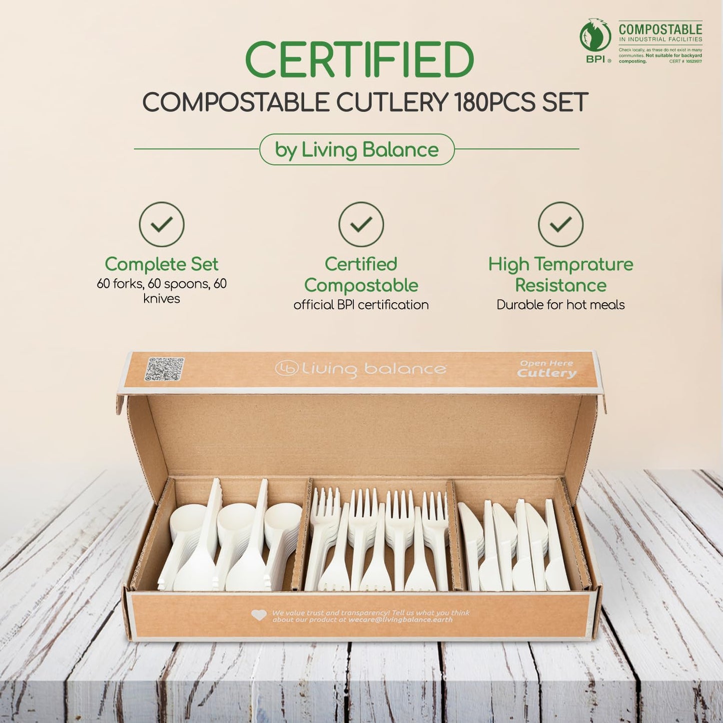 Living Balance Certified Compostable Cutlery 180 Pieces Set - CPLA 60 Forks, 60 Spoons & 60 Knives - Heavy Duty Flatware - Reusable, Zero Waste, Travel, Picnic, to Go & Kitchen Use - BPA Free
