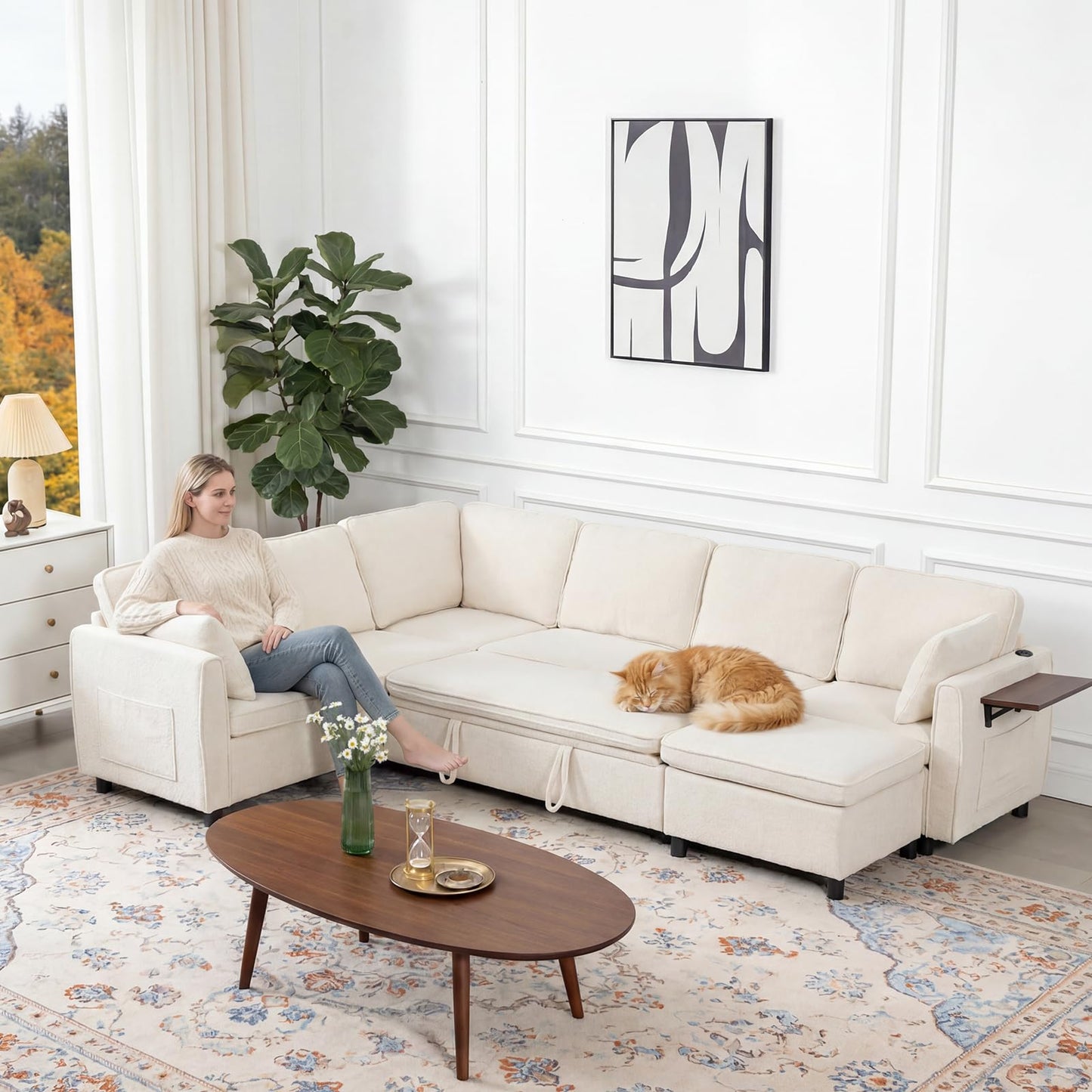 Modular Sectional Sleeper Sofa with Pull Out Bed, 116" Large U Shaped 7 Seater Sectional Couches with Ottoman, Charging Port & Foldable Side Table, Comfy Chenille Cloud Sofas for Living Room, Beige