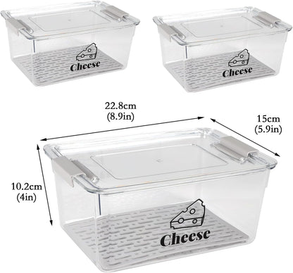 Yomjarl 3 Pack Cheese Container Airtight with Draining Basket Cream Block Cheese Sliced Cheeses Box with Lid Saver