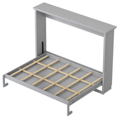 DNYN Queen Size Murphy Bed for Bedroom,Guest Room,Solid Wood Wall Bedframe w/Wooden Leg & Cabinet Design,Super Save Space & No Box Spring Needed, Gray
