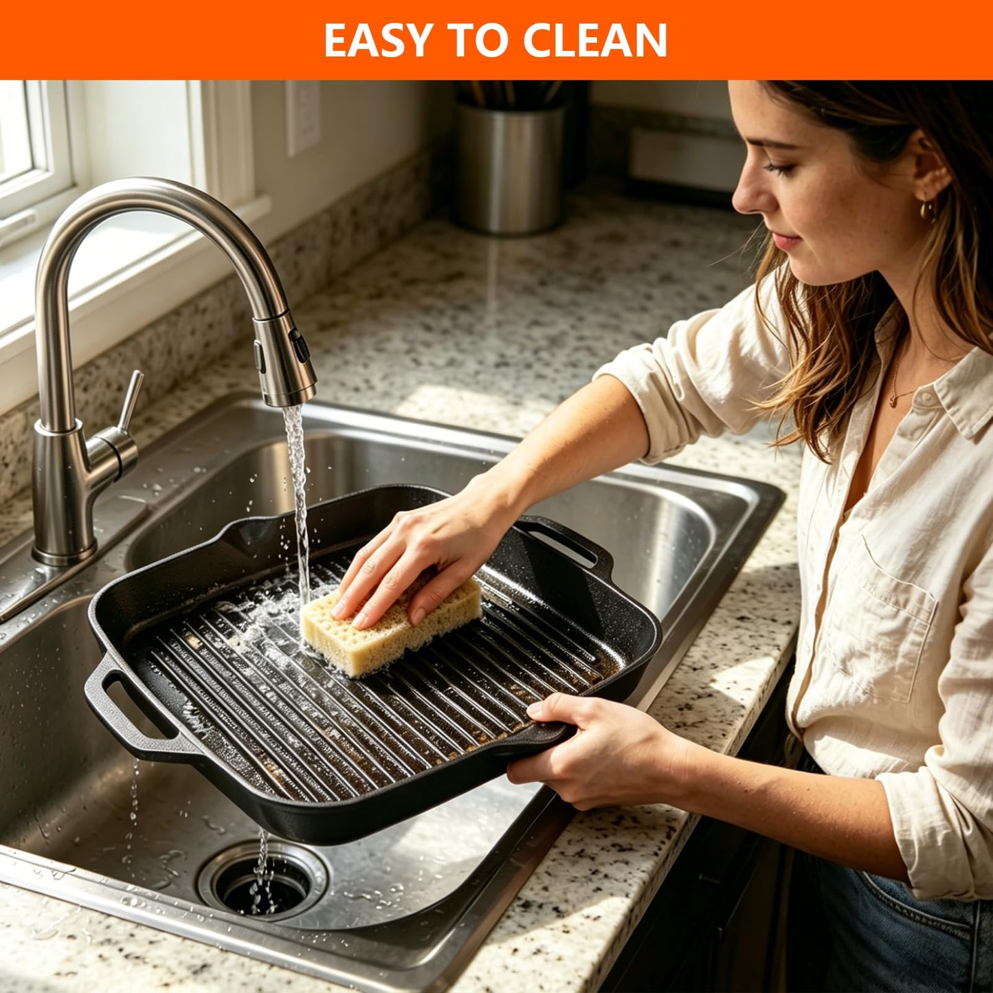 11" Cast Iron Square Grill Pan, Pre-Seasoned Griddle with Handles, Heavy Duty Skillet Griddle Replacement Part for Stovetop, BBQ & Campfire, Indoor & Outdoor Cooking