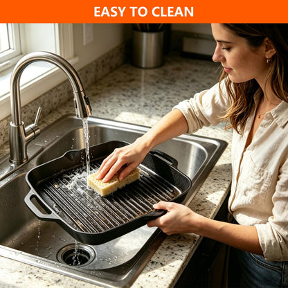 11" Cast Iron Square Grill Pan, Pre-Seasoned Griddle with Handles, Heavy Duty Skillet Griddle Replacement Part for Stovetop, BBQ & Campfire, Indoor & Outdoor Cooking