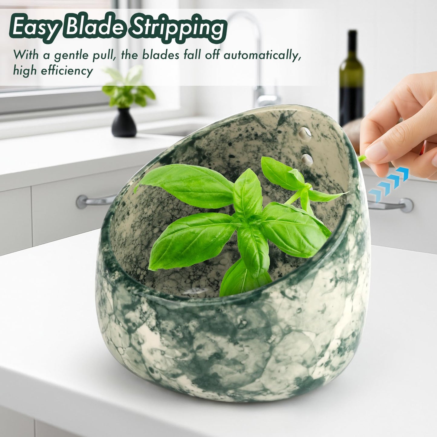 MOCCOOL Ceramic Herb Stripper Bowl with Multi-Size Holes, Pottery Leaf Stripper Tool for Rosemary, Thyme and Kale, Green Decorative Kitchen Gadget, 5.2 Inch