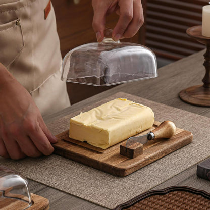 Acacia Wood Butter Dish with Knife and Glass Cover for Cheese, Butter, Cake, Dessert Serving Tray Elegant Kitchenware (1 knife)