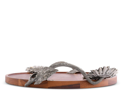 Vagabond House Acacia Wood Serving Tray with Pewter Sunflowers Handles Serving Cheese Drinks 18 inch Diameter