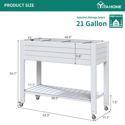 YITAHOME 43.3x17.7x34 in Elevated Garden Bed 2pcs, Outdoor Plastic Planter Box with Wheels, Legs, Drain Plug, and Storage Shelf for Plants, Vegetables, Flowers, Herbs, Grayish-White