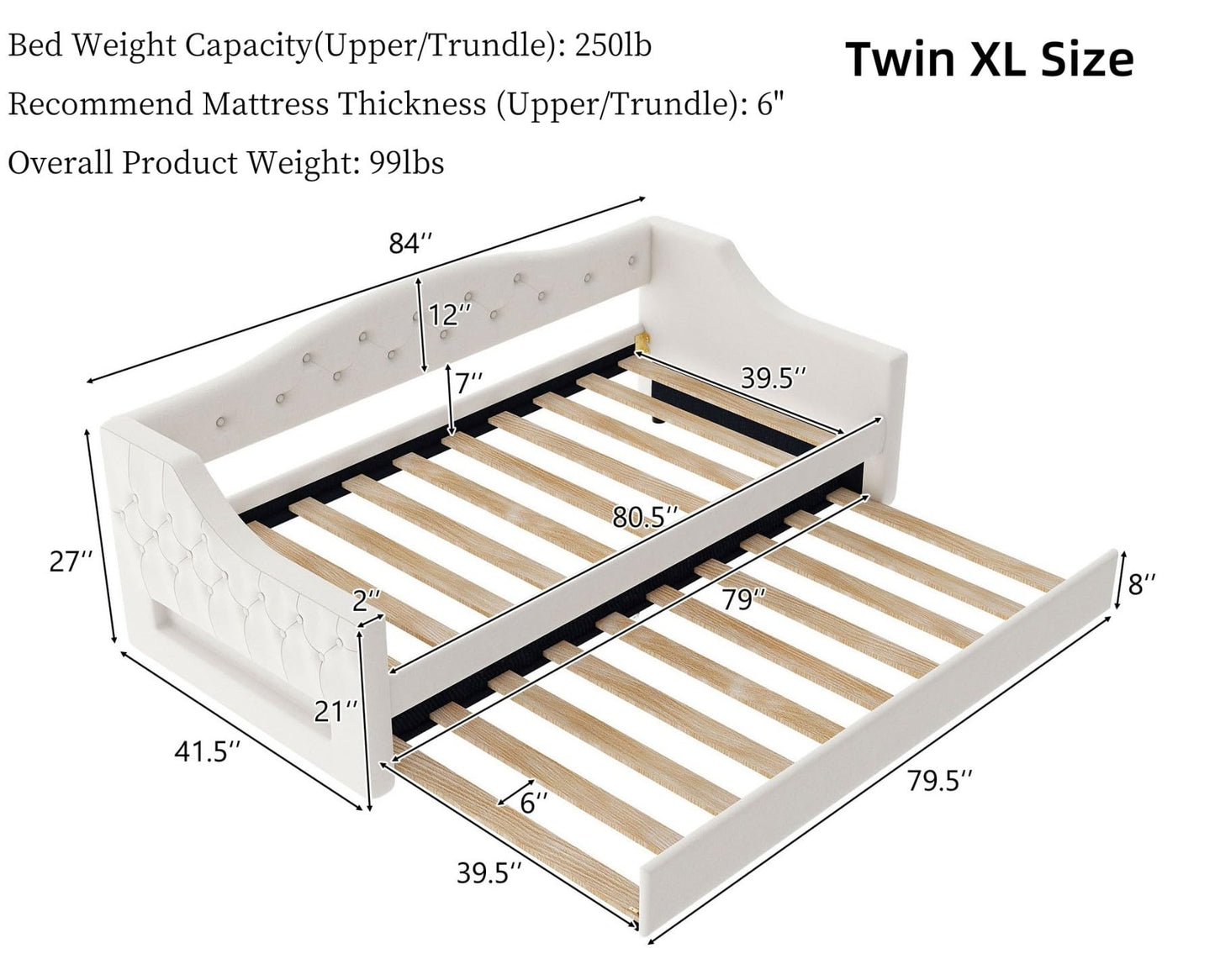 Merax Twin Size Linen Corner Daybed with Trundle and LED Belt, Upholstered Headboard Captain Bed Frames for Small Room, Bedroom, Guest Room, Kids' Room, White