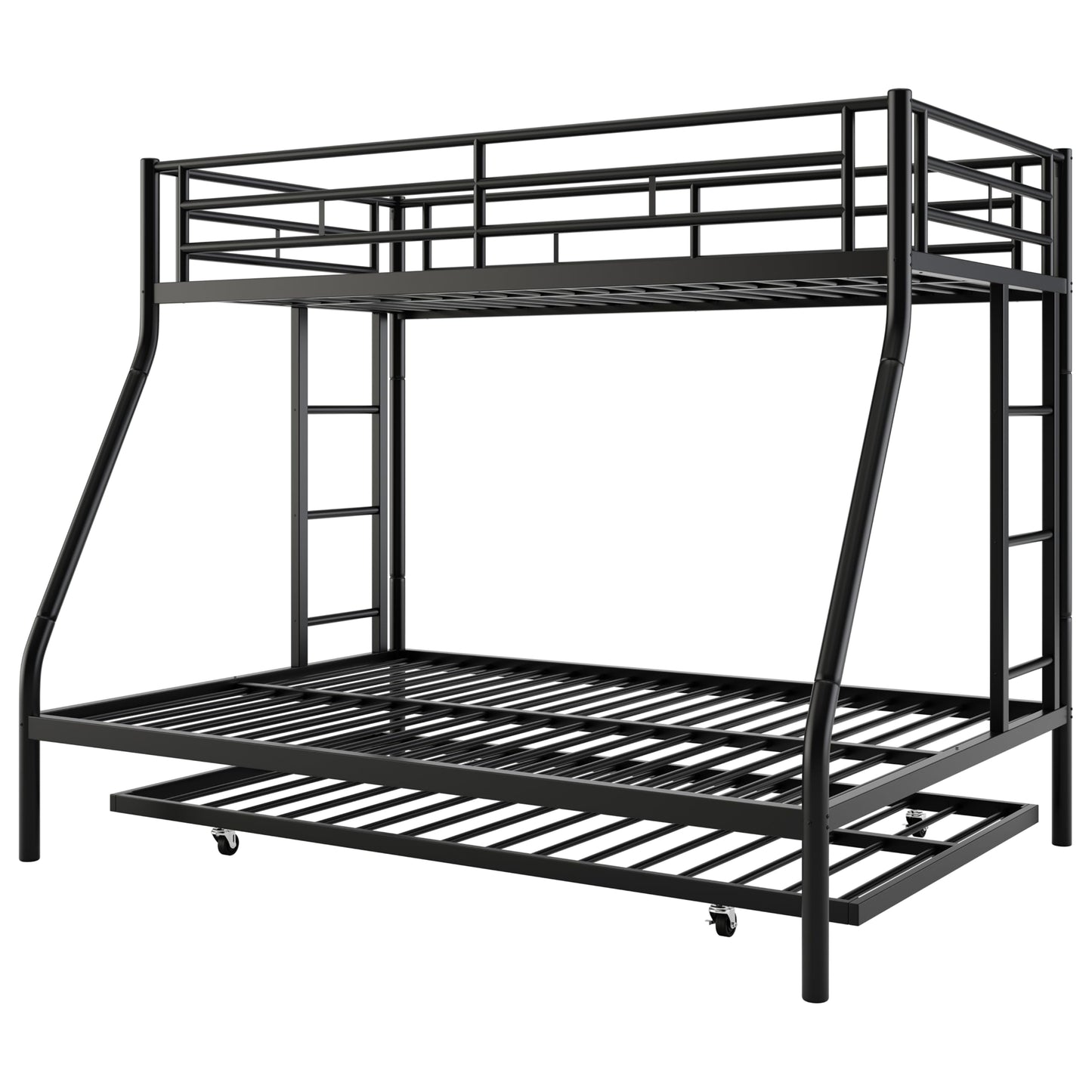 Nuturelly Metal Bunk Bed Twin Over Full with Trundle, Heavy Duty Steel Frame Bunk Bed Frame with Safety Guardrails & Ladder, Space Saving 3 Beds for Kids, Teens, Dorm, Black