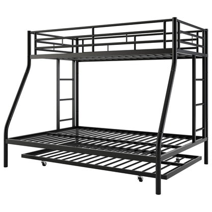Nuturelly Metal Bunk Bed Twin Over Full with Trundle, Heavy Duty Steel Frame Bunk Bed Frame with Safety Guardrails & Ladder, Space Saving 3 Beds for Kids, Teens, Dorm, Black