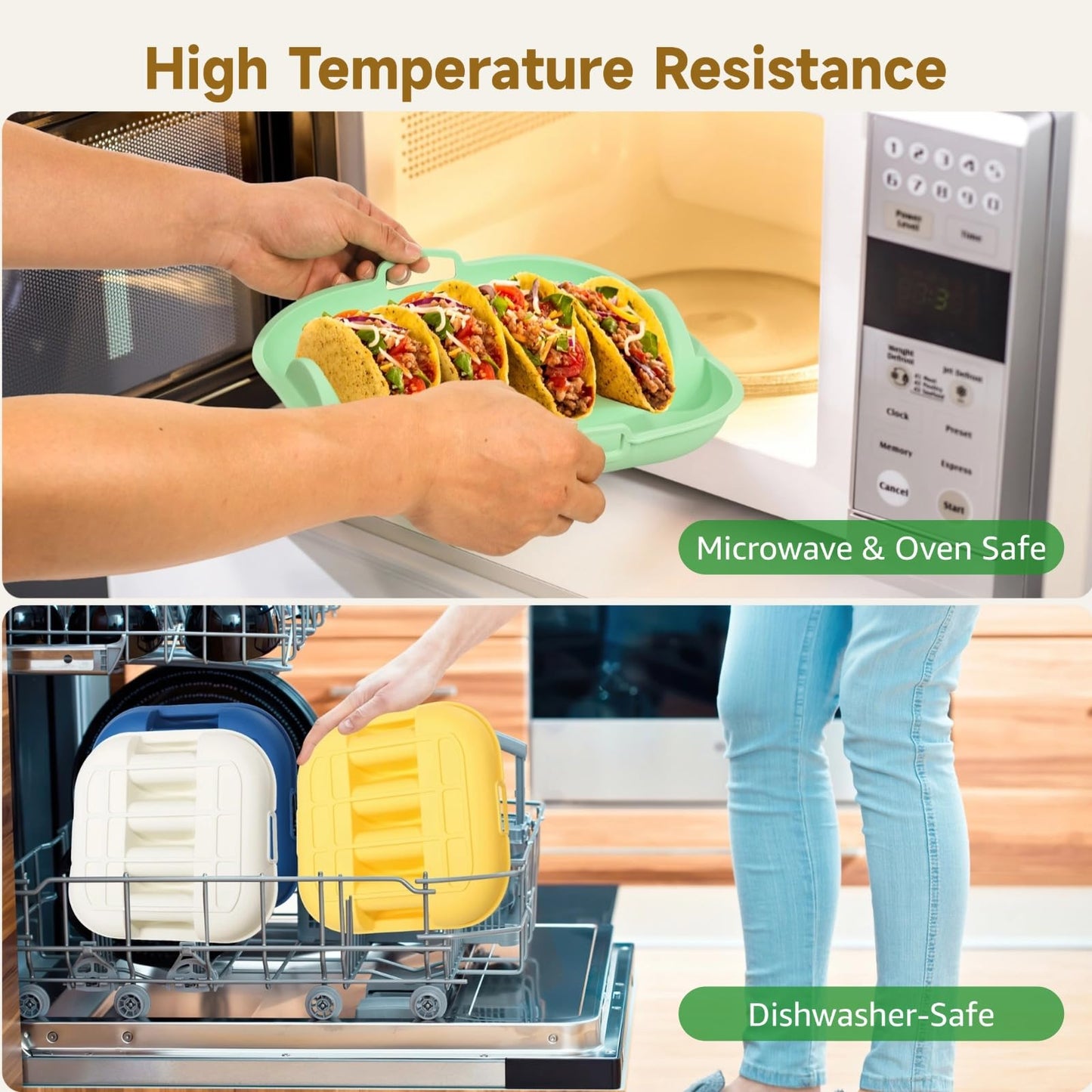 4 Pack Silicone Taco Holder Plates, 4 Slots Reusable Silicone Taco Holder, 4 Dividers Taco Stand with Handles, Large Taco Serving Tray for Party, Microwave Oven Dishwasher Safe