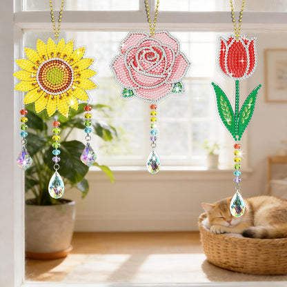 Leatrice 3PCS Flower Diamond Art Kits Suncatcher Small Diamond Painting Set Pendant DIY Crafts Hanging for Home Decro Double Sided Crystal Rhinestone Decorations
