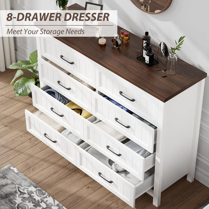 Jocoevol Farmhouse Dresser 8 Drawer Dresser for Bedroom, Large Wooden Dressers Double Grey Dresser with Deep Drawers Dressers for Hallway, Entryway (White and Brown)