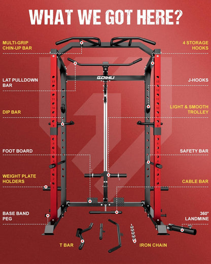 Goimu C1-V4 Power Cage, 2000LBS Squat Rack with LAT Pulldown, Multi-Function Weight Cage Strength Training Machine, Workout Cage with More Attachments for Home Gym Garage (C1-SE RD)