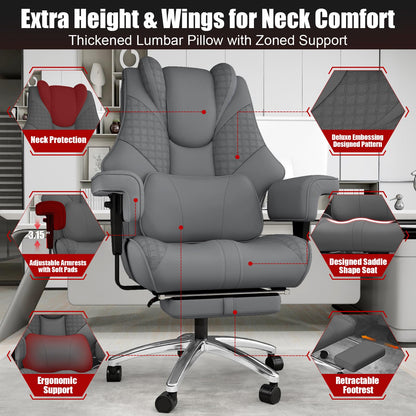 400lbs Big and Tall Office Chair, Wide Ergonomic Leather Executive Chair for Heavy People with Foot Rest, High-Back Reclining Computer Chair with Swivel Wheels and Lumbar Support (Gray)