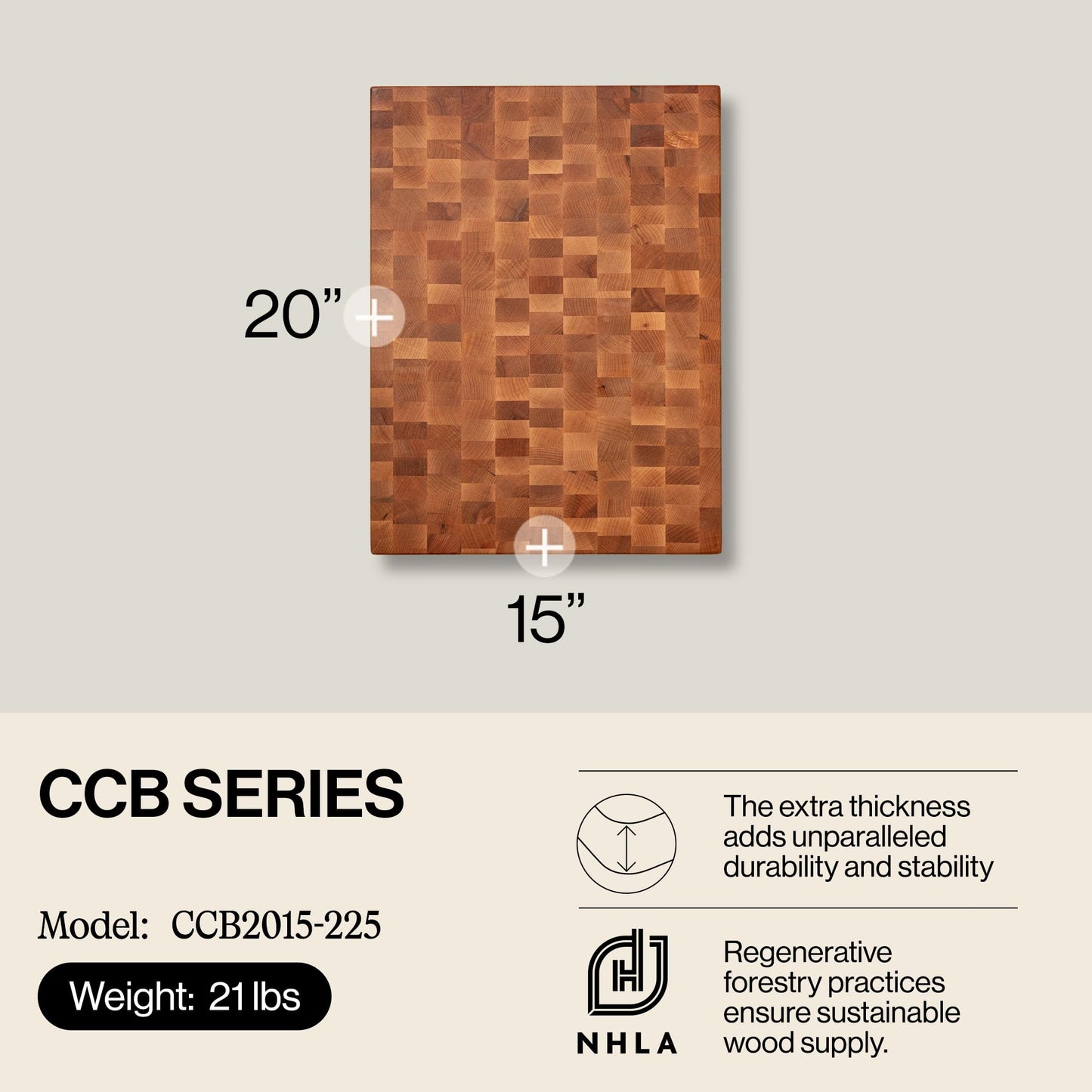 John Boos CCB Series Rectangular Wooden Maple Cutting Board 20”x15” – 2.25” Thick, 21-lb Reversible Butcher Block with End-Grain & Finger Grips – Made in the USA
