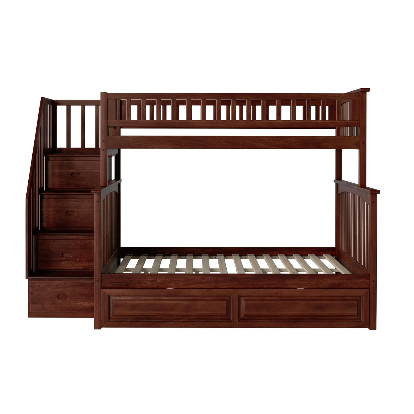 AFI, Columbia Staircase Bunk Bed Twin Over Full with Twin Raised Panel Trundle, Walnut