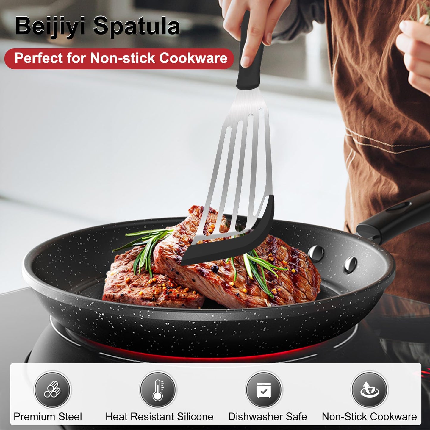 Beijiyi Fish Spatula Turner Set of 2, Heat Resistant Silicone Edge Slotted Fish Spatulas for Nonstick Cookware, Flexible and Thin Stainless Steel Kitchen Cooking Spatula Flipper for Fish, Egg, Pancake