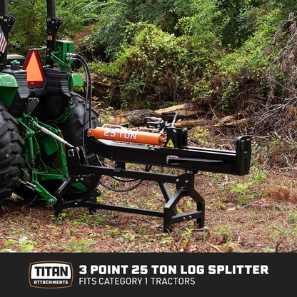 Titan Attachments 3 Point 25 Ton Hydraulic Log Splitter for Cat 1 Tractors, Horizontal & Vertical Wood Splitter, 2,500 PSI Max Pressure, Splits Logs up to 25" x 8.5", Auto Return Valve