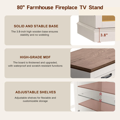MXV 80" Fireplace TV Stand, 3-Sided Glass Fireplace and Modern Entertainment Center, Wooden Media Console with Glass Doors & Storage Drawers, LED Light, for Living Room, White