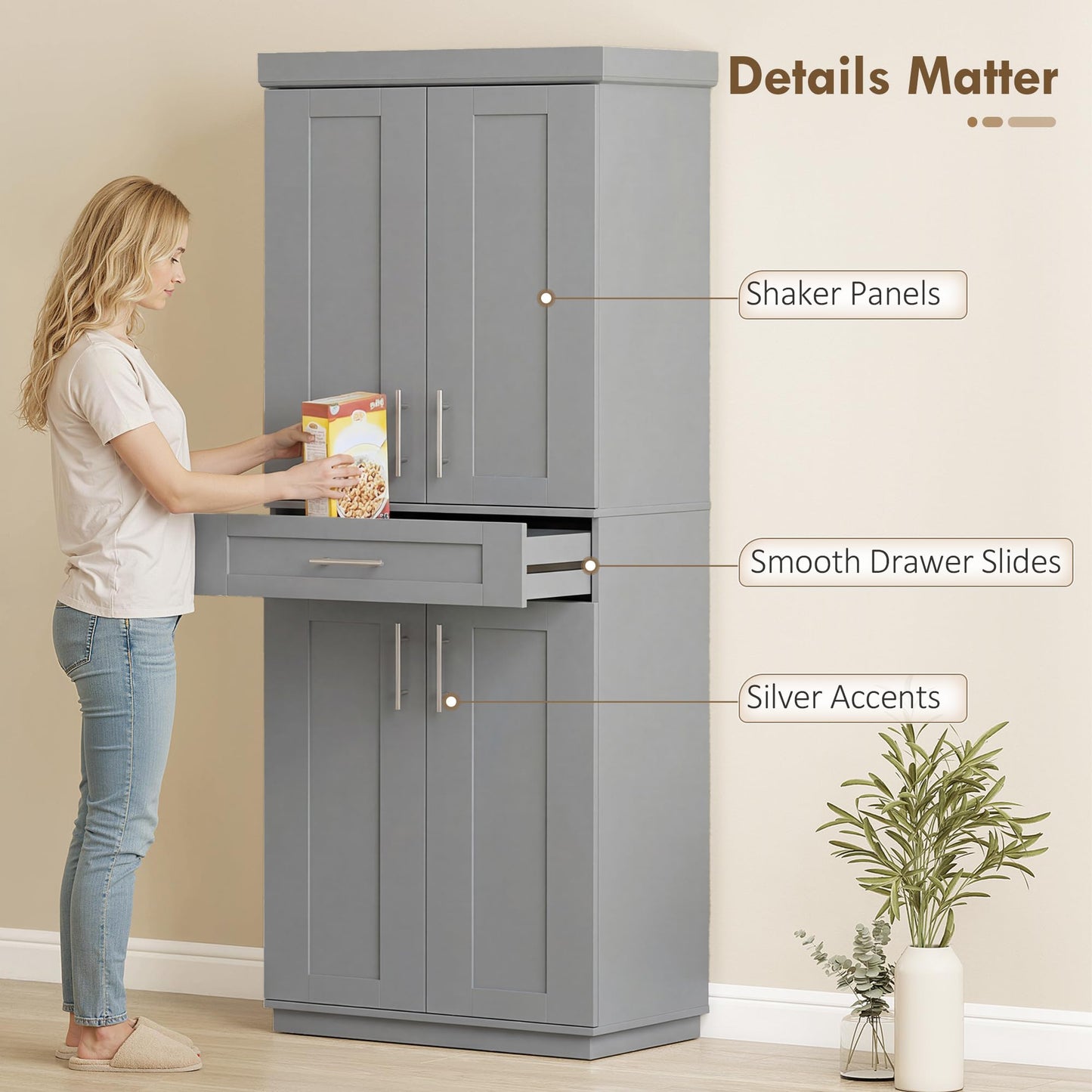 HOMCOM 72" Kitchen Pantry Cabinet, Freestanding Tall Storage Cabinet with 4 Doors, Drawer and 3 Adjustable Shelves for Dining Room, Gray