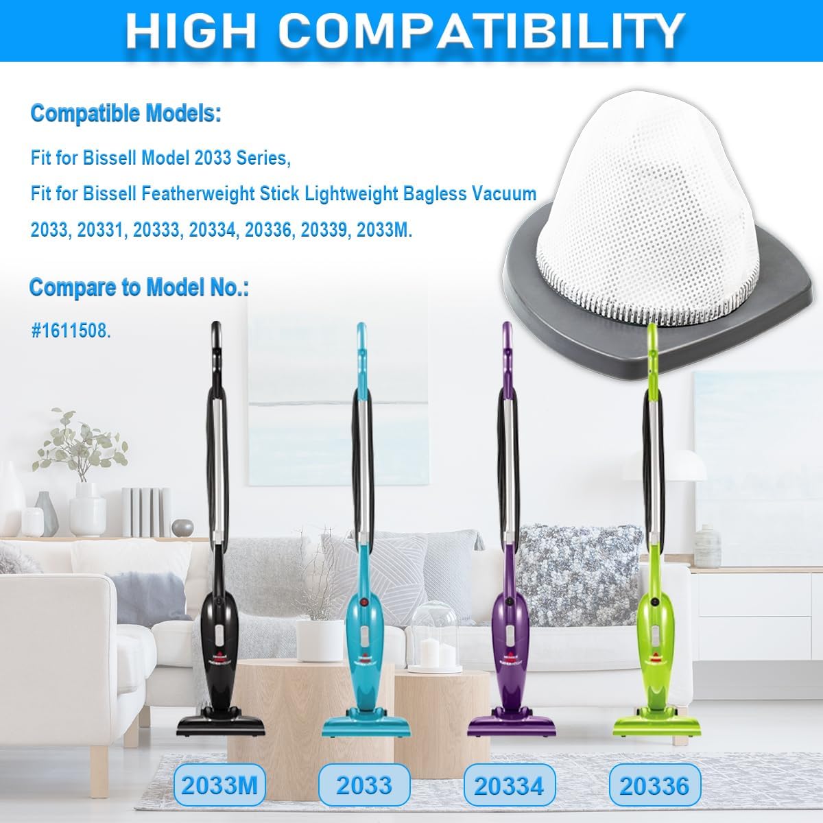 4 Pack Vacuum Filters for Bissell 2033, 20331, 20333, 20334, 20336, 20339, 2033M Featherweight Stick Vacuum Cleaner