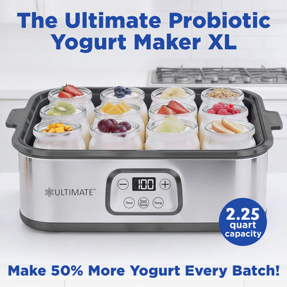 Ultimate Probiotic Yogurt Maker XL, Adjustable Time & Temperature Control, 50% More Capacity with 12 x 6oz Yogurt Jars, Make Trillions of Probiotics for Gut Health, ULTIMATE LIFETIME WARRANTY