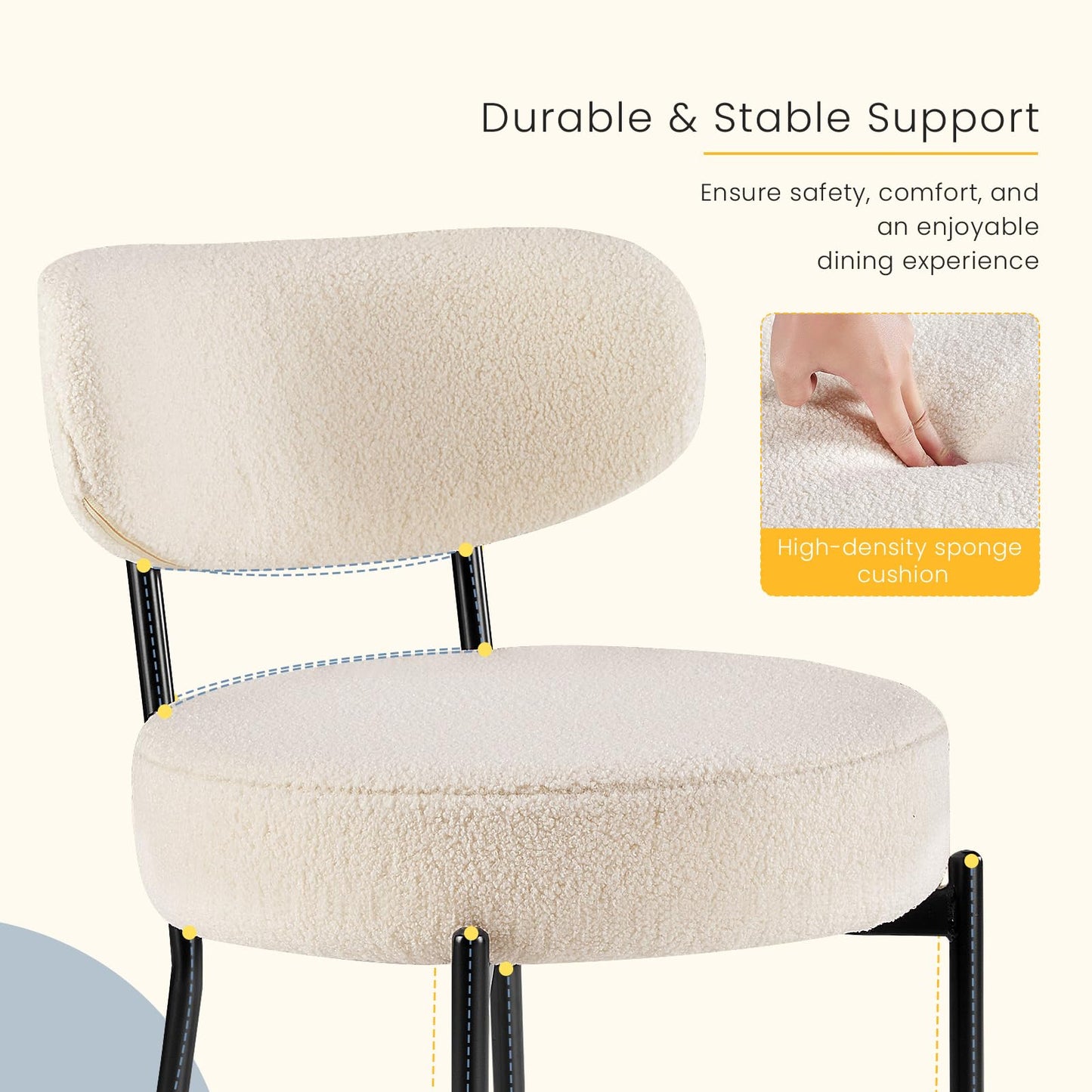 DUMOS Dining Chairs Set of 6, Mid Century Modern Chair Round Upholstered Curved Backrest, Kitchen Vanity Living Room Chairs with Black Metal Legs，Classic Beige