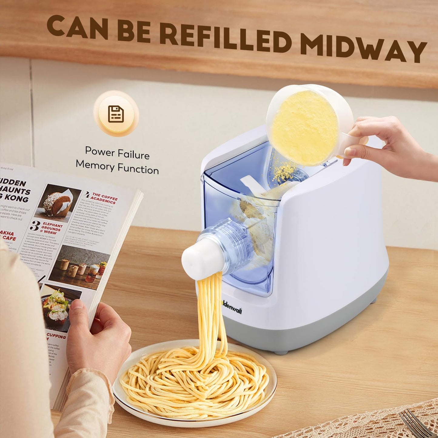 CGOLDENWALL Automatic Pasta Maker Machine Electric, Digital Control with 12 Shape Discs for Homemade Noodles, Spaghetti, Fettucine and Penne, Up to 650g Flour, White, 260w (110V, US Plug)