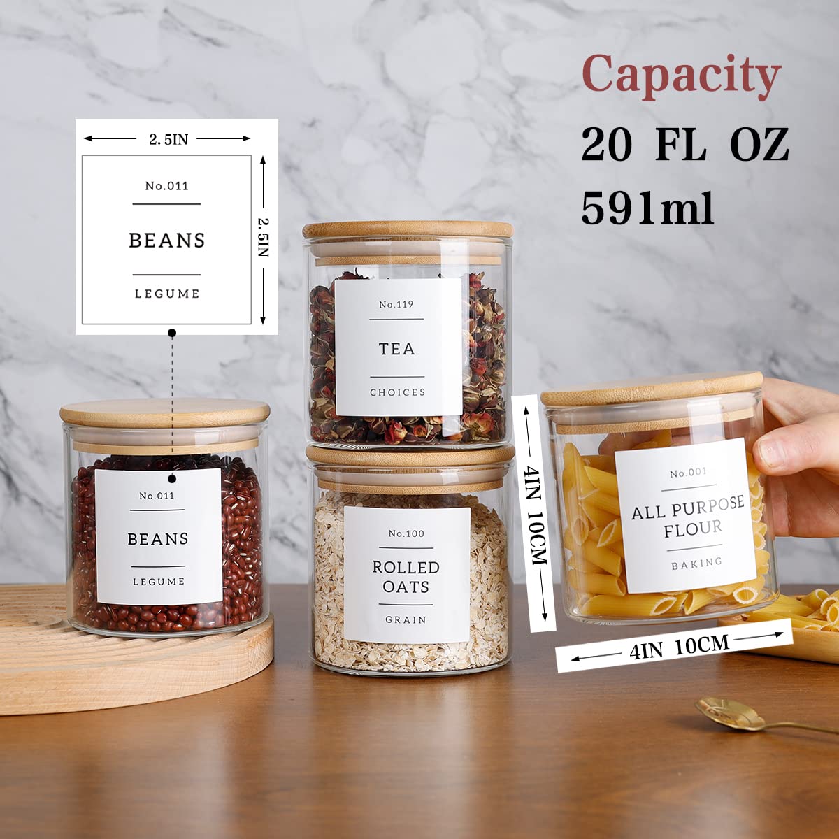Glass Spice Jars with Bamboo Lids - 20 Pcs Thicken(2.4mm) 4oz Airtight Seasoning Containers with 131 Waterproof Minimalist Spice labels Preprinted - Small herb Jars for Pantry Organization and Storage
