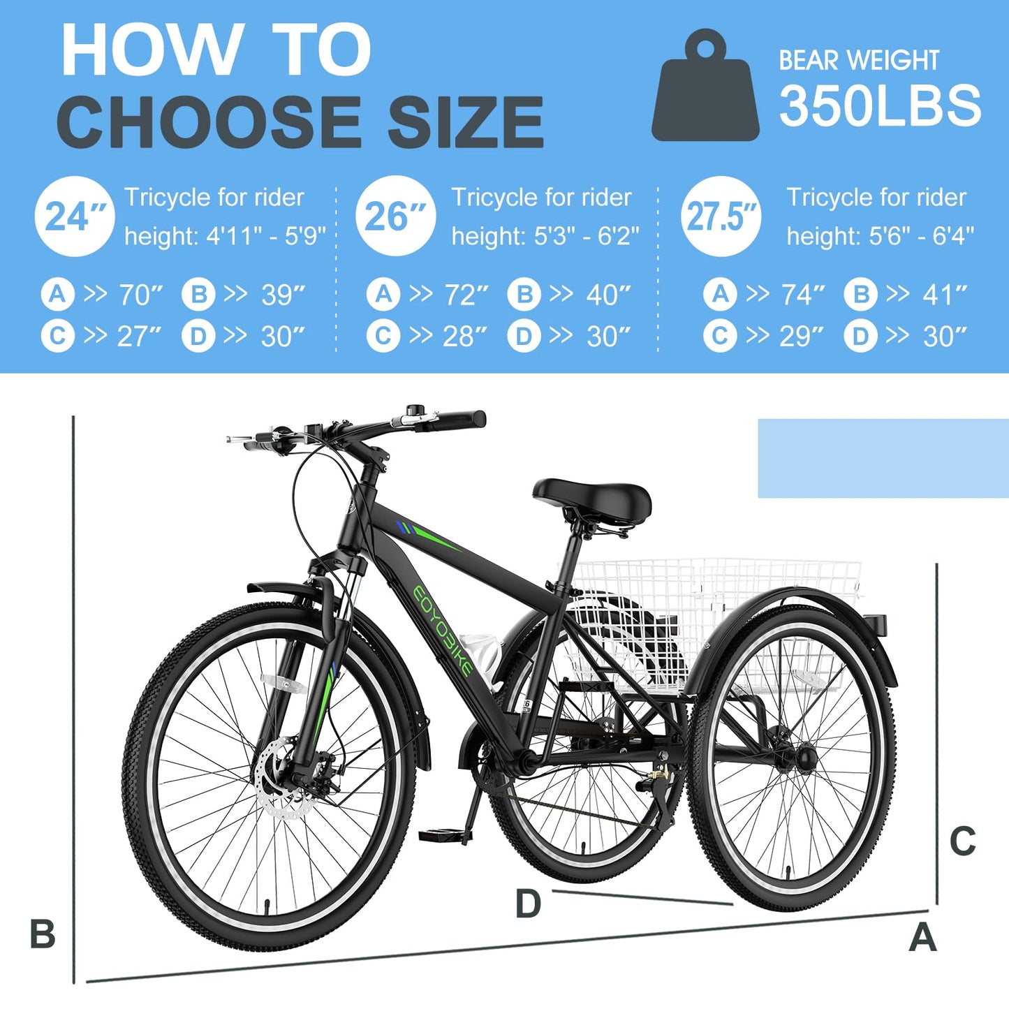 Slsy Adult Mountain Tricycle, 7 Speed Three Wheel Bike, 24/26 Inch Adults Trikes for Seniors with Shopping Basket, Exercise Men's Women's Tricycles