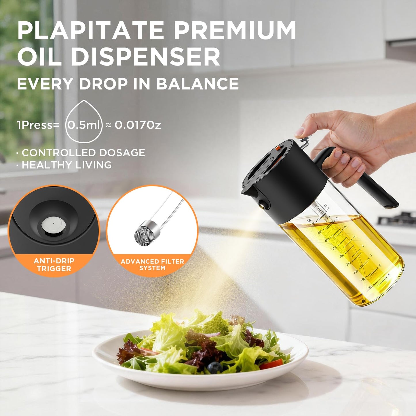 PLAPITATE 17oz/500ml Premium Olive Oil Sprayer for Cooking, 2 in 1 Glass Olive Oil Dispenser Bottle for Kitchen Gadgets, Spray Bottle with Portion Control for Salad, Frying, BBQ (Black)