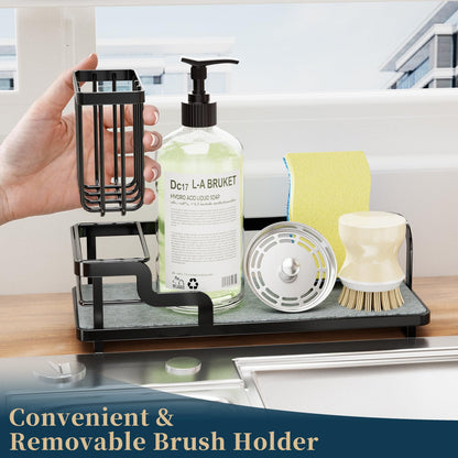 Consumest Sponge Holder for Kitchen Sink - Sink Caddy Organizer with Water Absorbing Stone Tray, Detachable Brush Holder, Stainless Steel Kitchen Counter Organizer Rack, Black