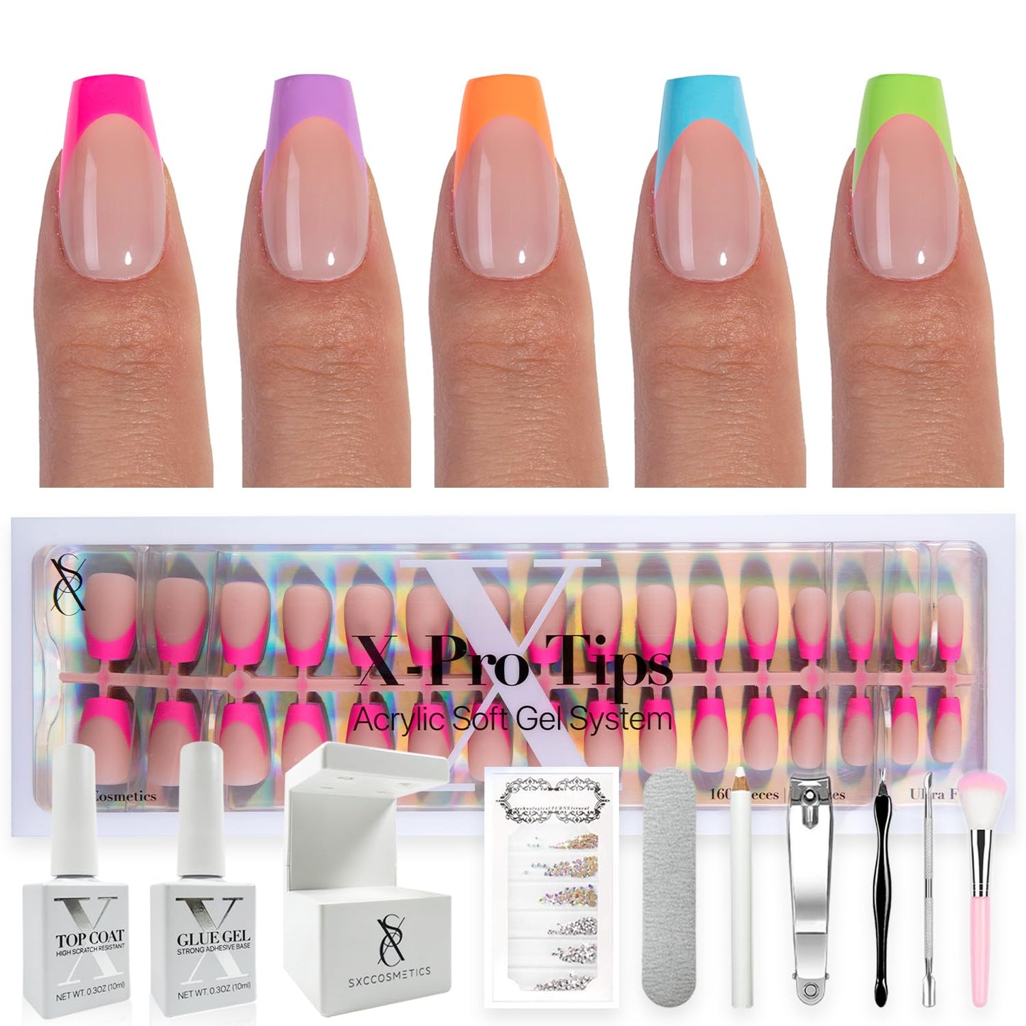 SXC Cosmetics French Tip Press On Nails - Skin Tone Nude and Color Series, Short Coffin X-Pro Tips Starter Kit ST119KIT