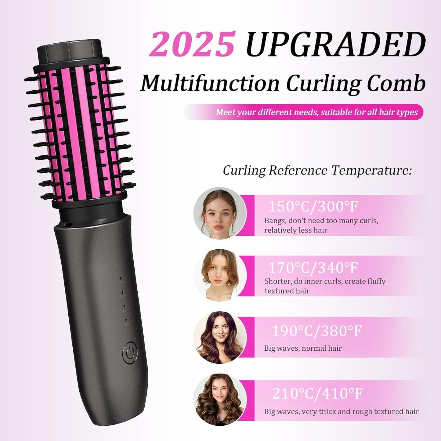 Cordless Hair Curling Iron Brush, Travel Curl Brush, 3-in-1 Portable Curling Iron Cordless, Plasma Thermal Hair Brush, 7000mAh USB Rechargeable Curlings Wand, Mini Hot Curlings Brush-Blush Pink