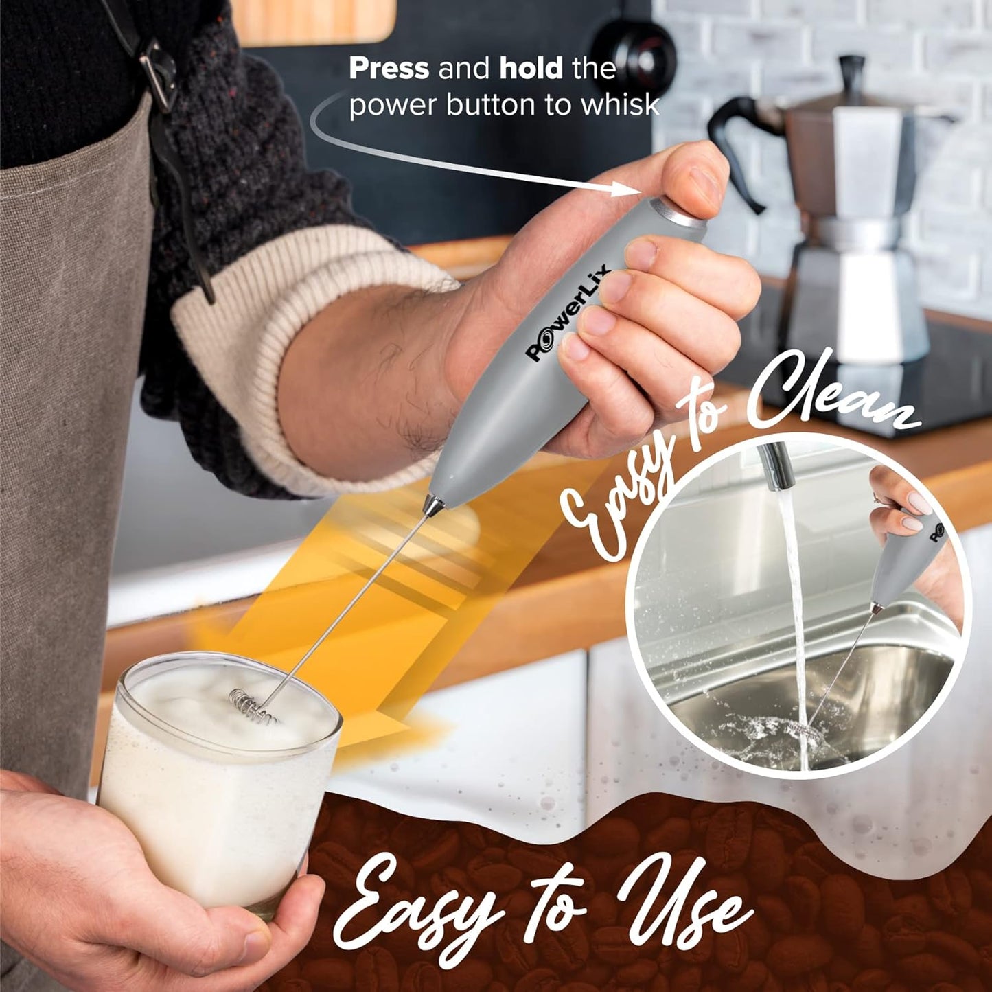 PowerLix Handheld Milk Frother Electric Whisk Foam Maker for Coffee, Latte, Cappuccino, Hot Chocolate, Grey with Stand