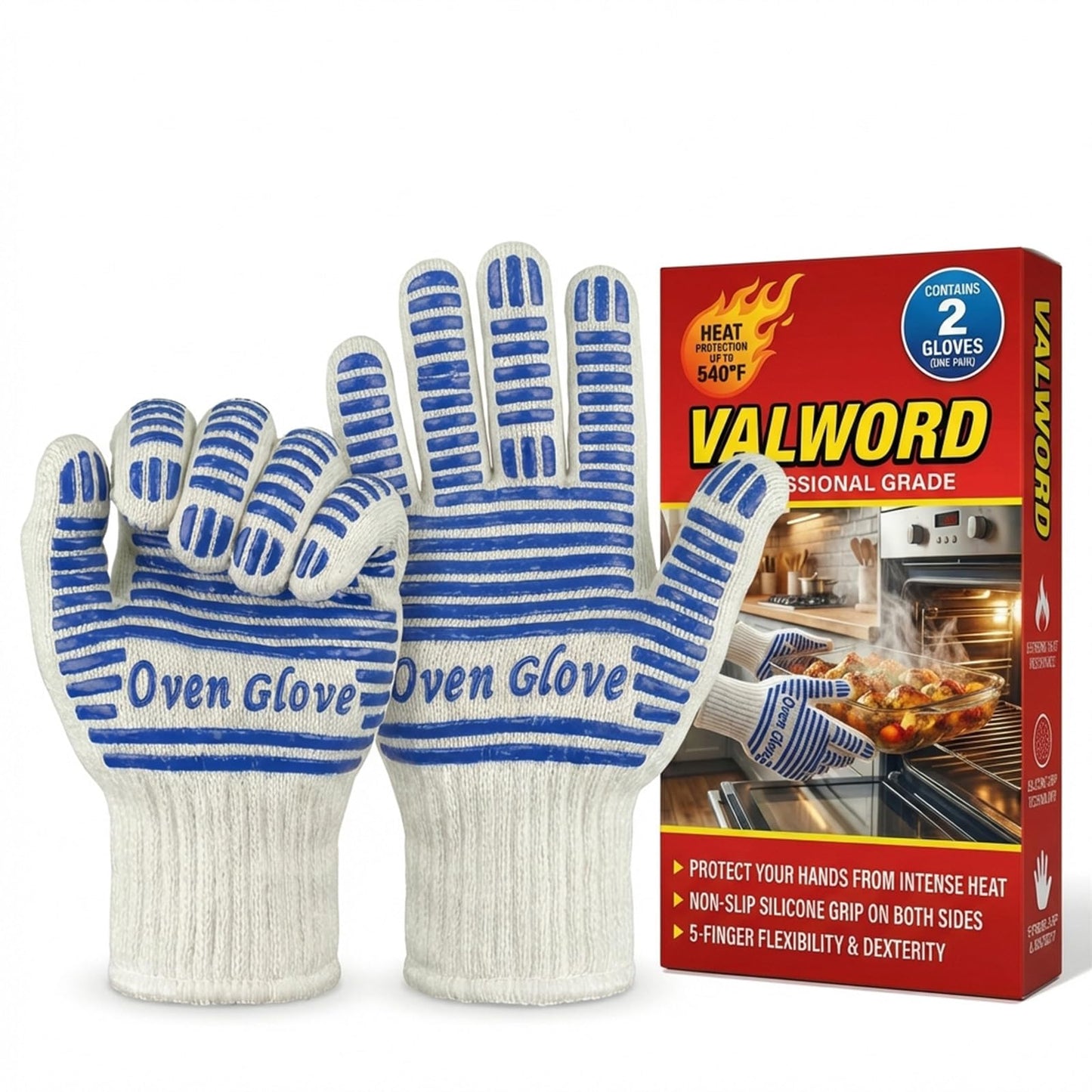 Heat Resistant Oven Gloves - 2 Pack, 540 Degree Professional Grade Oven Mitts with Fingers, Non-Slip Silicone Grip Cooking Gloves for Baking, Grilling, BBQ, Fireplace and Sourdough