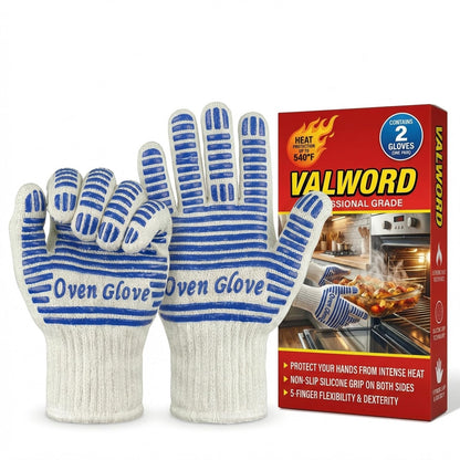 Heat Resistant Oven Gloves - 2 Pack, 540 Degree Professional Grade Oven Mitts with Fingers, Non-Slip Silicone Grip Cooking Gloves for Baking, Grilling, BBQ, Fireplace and Sourdough