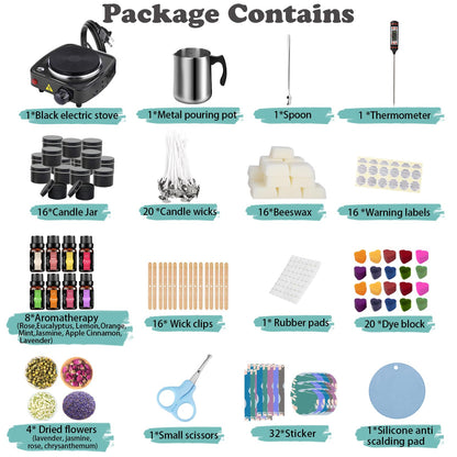 Complete Candle Making Kit With Wax Melter, Candle Making Supplies, DIY Arts&Crafts Kits Gift For Adults,Beginners,Including Bees Wax,500w Electric Stove,Wicks,Rich Scents,Wick Clips,Pouring Pot Etc.