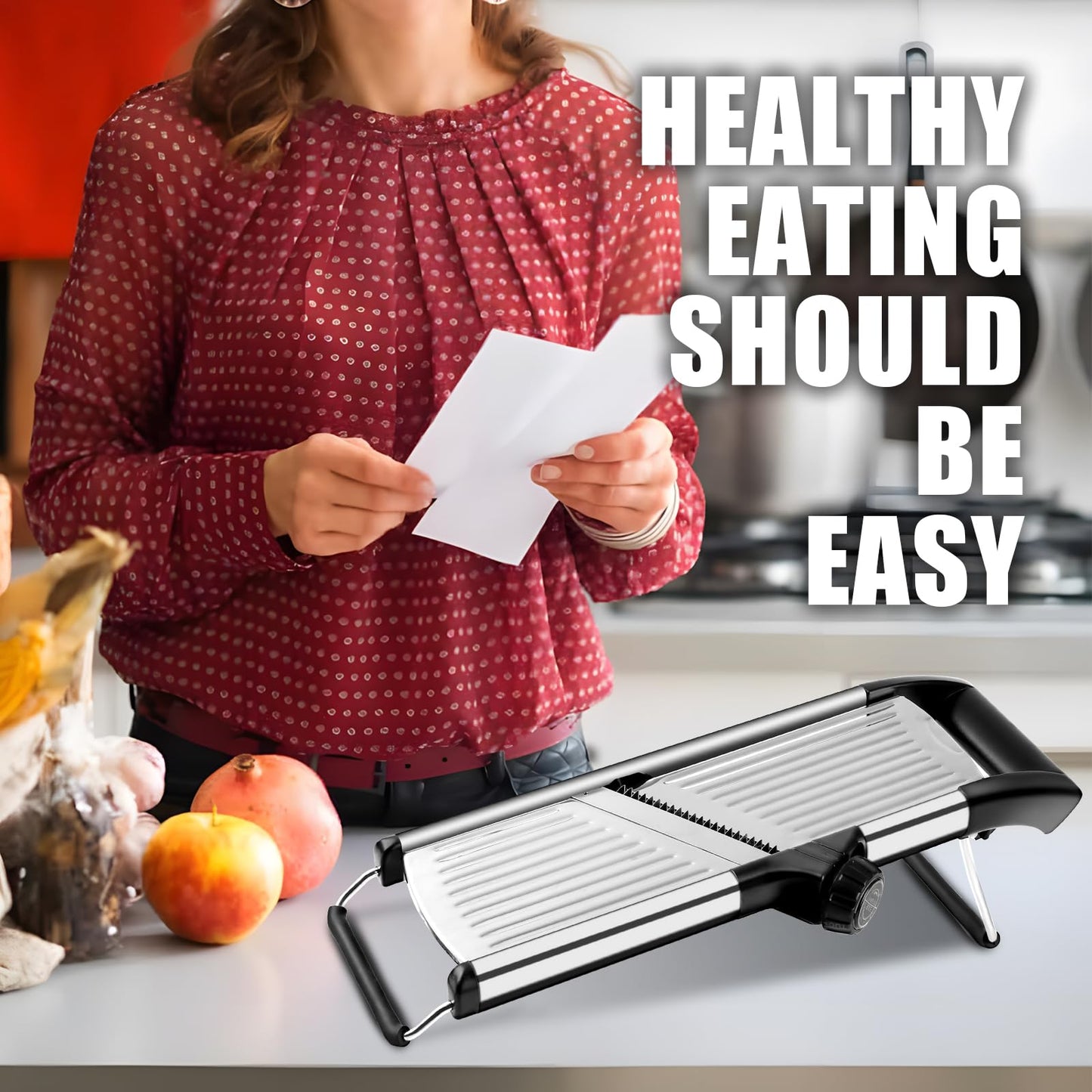 NIOSAVM commercial Mandoline Slicer,Stainless Steel Vegetable Slicer,non-slip mandoline slicer for kitchen,Keto,Potato,cucumber,4 Blades & Cut-Resistant Gloves(Includes Brush & Cloth).