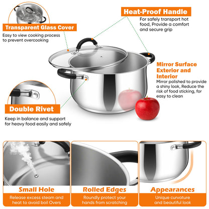 P&P CHEF Stainless Steel Stock Pot, 6 Qt Cooking Soup Pot with Visible Lid for Pasta, Tri-Ply Bottom & Dual Heatproof Handles, For Induction Gas All Stoves, Non-Toxic & Dishwasher Safe