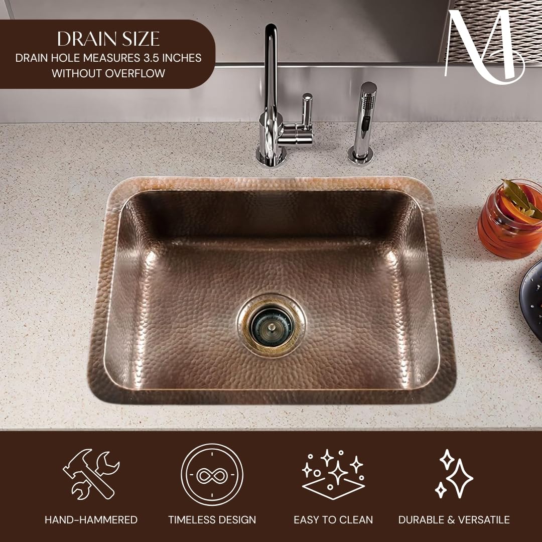 Monarch Abode Kitchen & Bar Sink – 21-inch Milan Dual Mount Drop in Kitchen Sink, Hand Hammered Pure Copper Sinks, Drop in Bar Sinks or Undermount, Deep Single Rectangular Bowl
